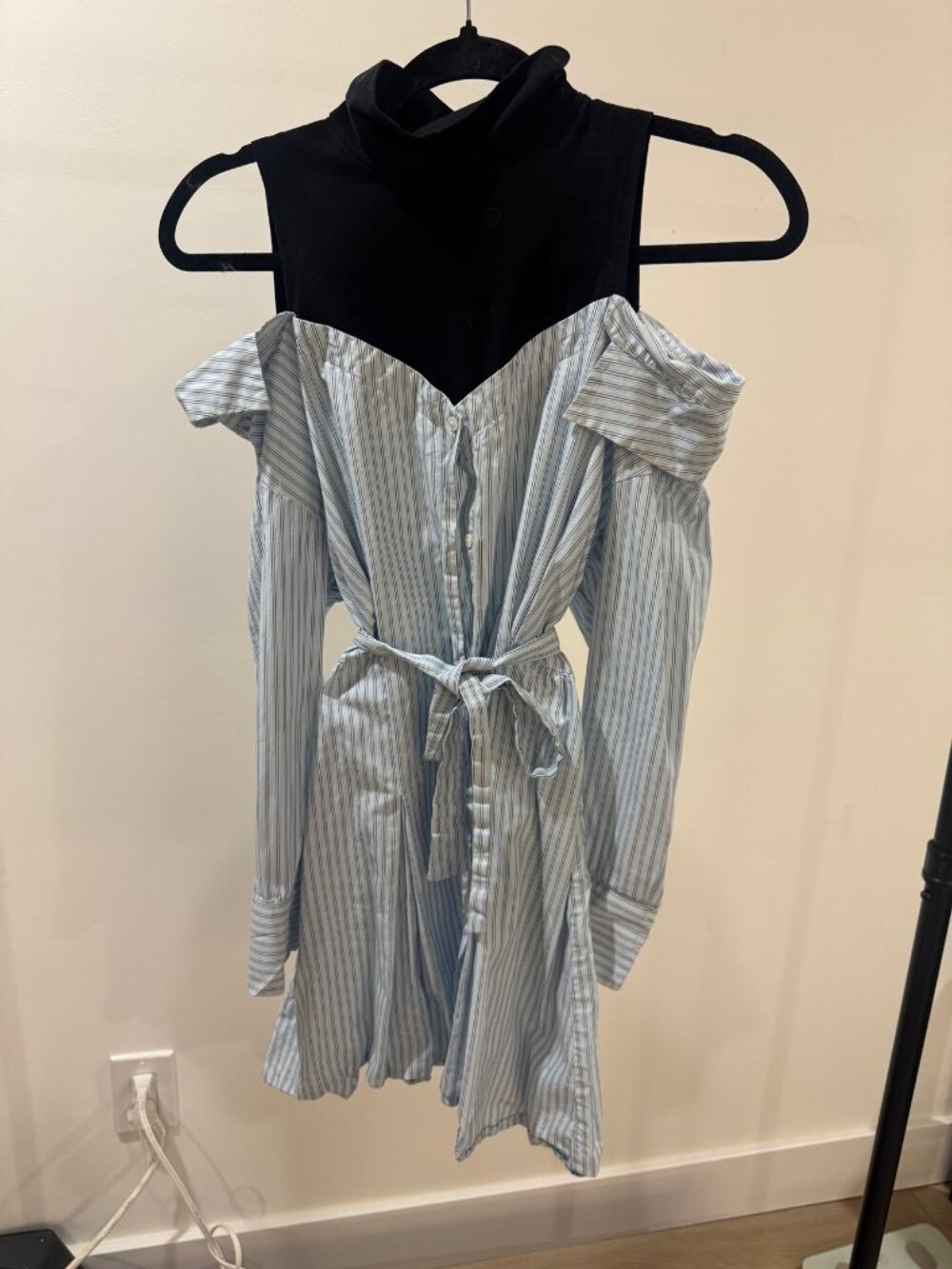 Maje Striped Shirt Dress 2 in 1 Black Mock Neck Tie Waist FR 36 US S
